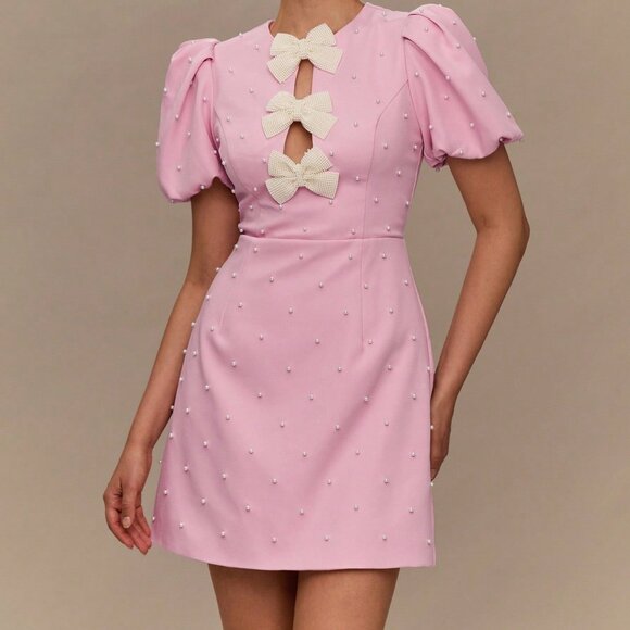 Pink Casual Women's Pearl Bow Decor Short Sleeve Dress - Picture 6 of 7